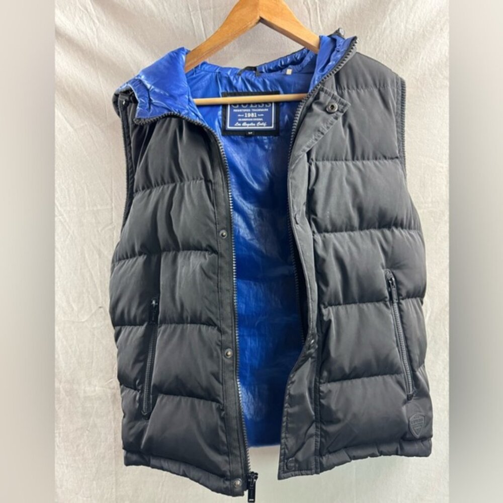 Guess Puffer Mens Vest With Hood Black - Picture 7 of 11